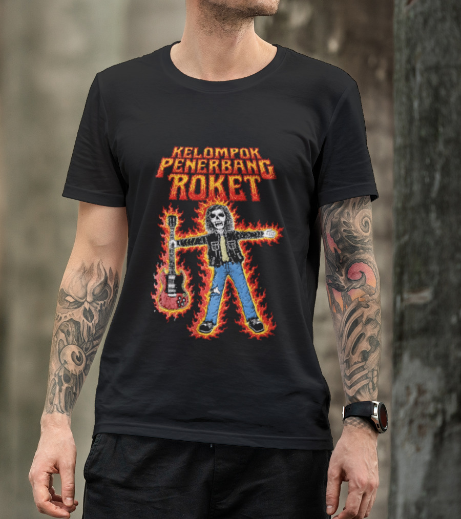 Kelompok Penerbang Roket Skeleton Guitarist In Flames Keegan Records T-Shirt