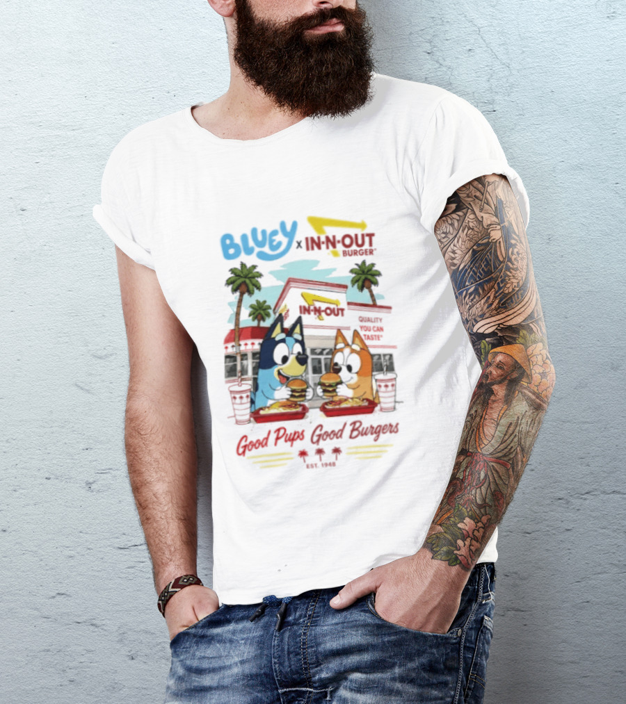 Bluey X In N Out Burger Good Pups Good Burgers Palm Tree Friends Eating T-Shirt