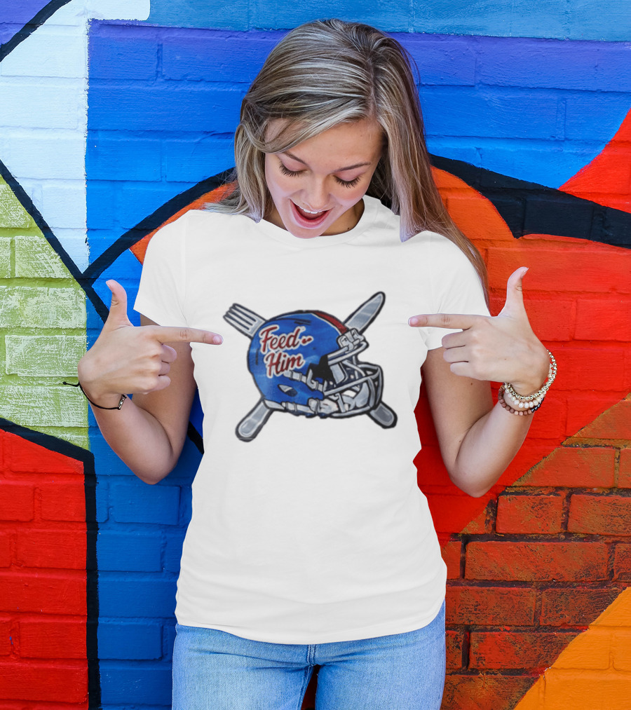 Feed Him Blue Football Helmet Crossed Utensils Fork Knife T-Shirt