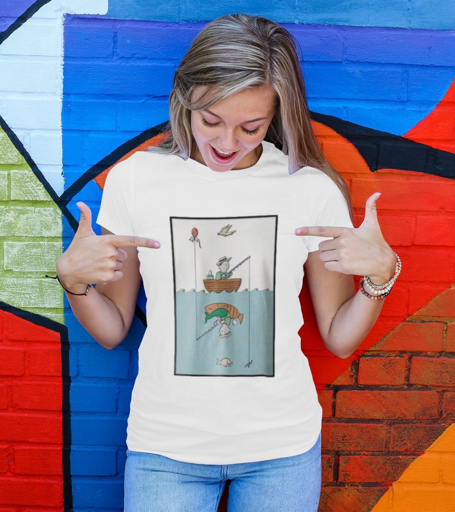Fisherman In Boat Catching Hidden Mermaid With Fishing Line T-Shirt