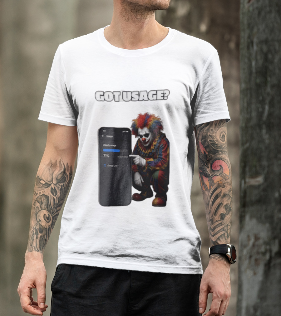 GOT Usage Clown Pointing At Smartphone Screen Weekly Usage 71% T-Shirt