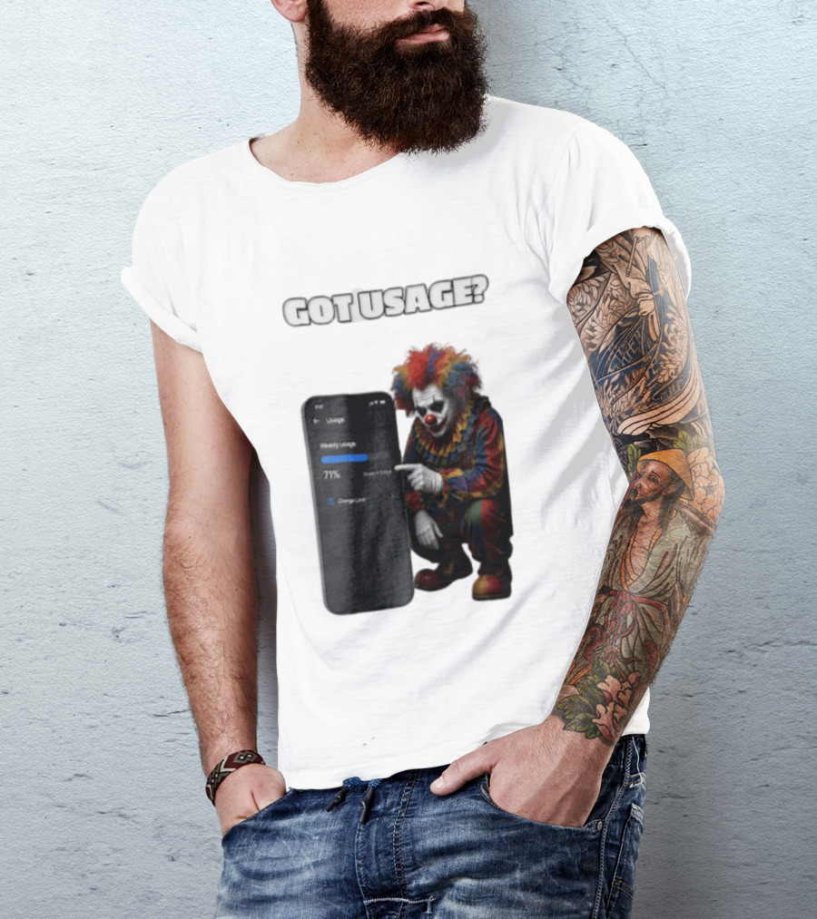 GOT Usage Clown Pointing At Smartphone Screen Weekly Usage 71% T-Shirt