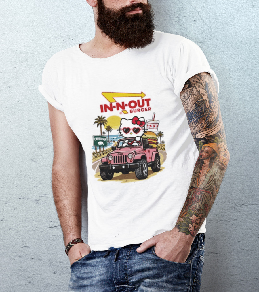 Hello Kitty In Pink Jeep With In N Out Burger California Adventure T-Shirt