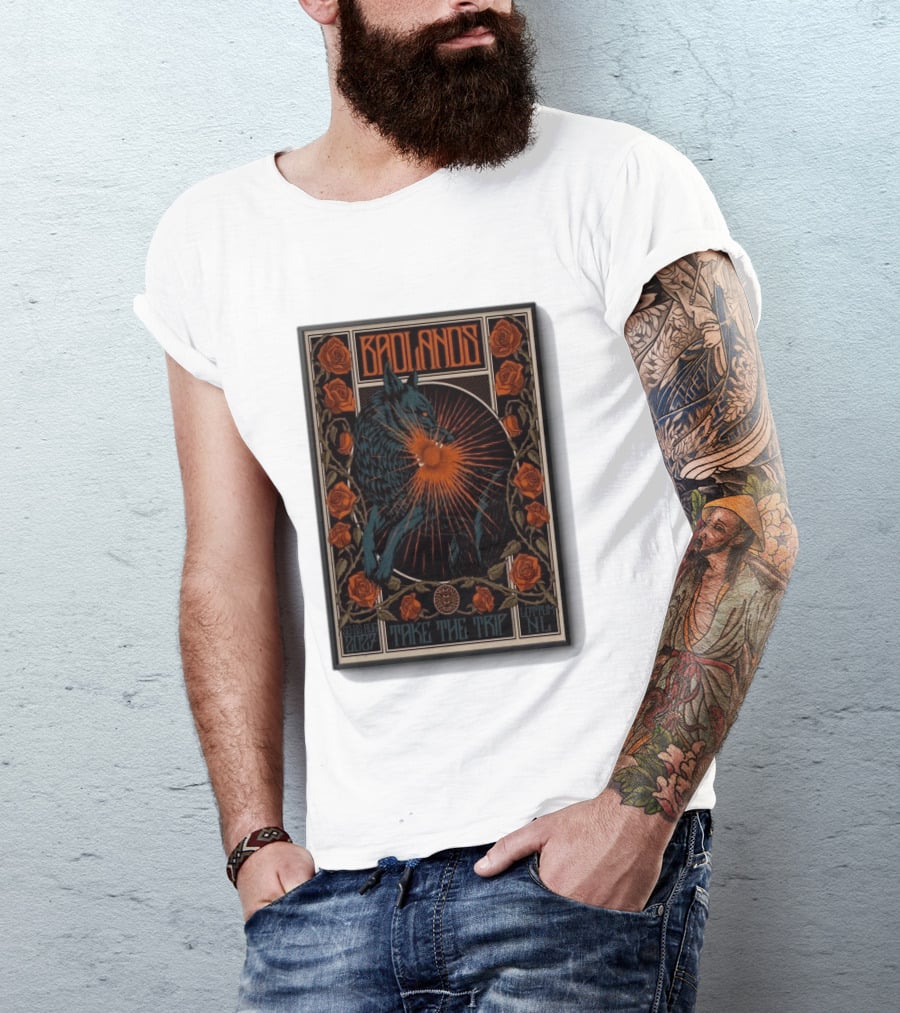 BADLANDS Festival Aug 20 22 2027 Take The Trip Stokterweg 14 Lottum Netherlands Retro Wolf And Roses T-Shirt