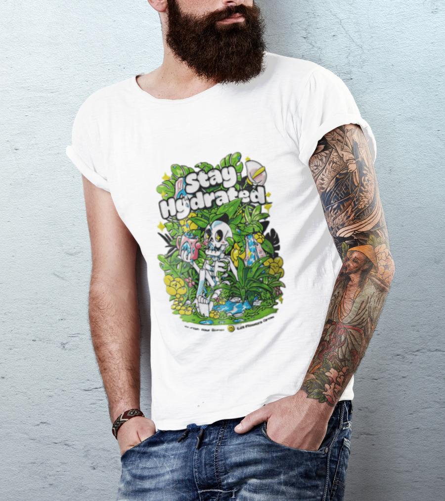 Stay Hydrated Quirky Skeleton Watering Lush Greenery And Flowers T-Shirt