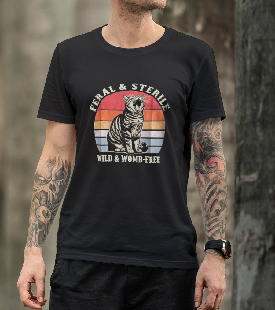 Feral And Sterile Yawning Tabby Cat Wild And Womb Free Sunset Stripes T-Shirt