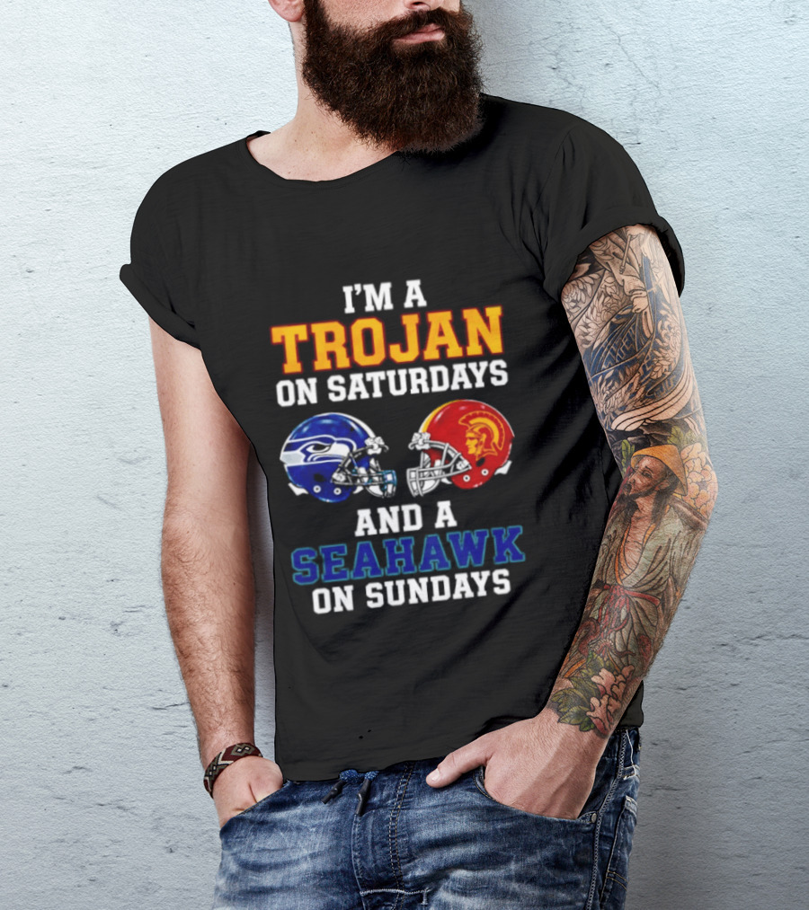 I'm A Trojan On Saturdays And A Seahawk On Sundays Football Helmets T-Shirt