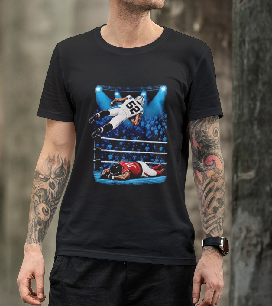 Football Player 52 Jumping Over Opponent In Wrestling Ring Spotlight Crowd T-Shirt
