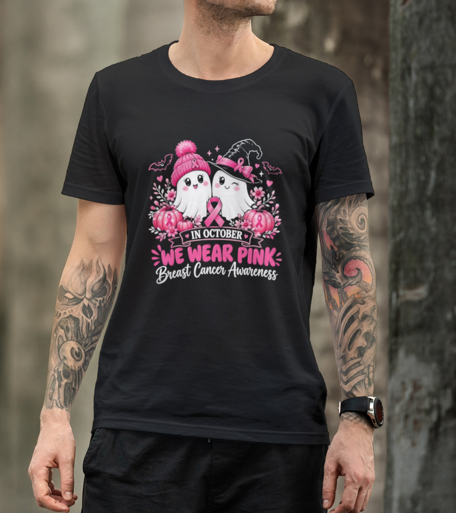 In October We Wear Pink Breast Cancer Awareness Ghost Pumpkin Witch T-Shirt