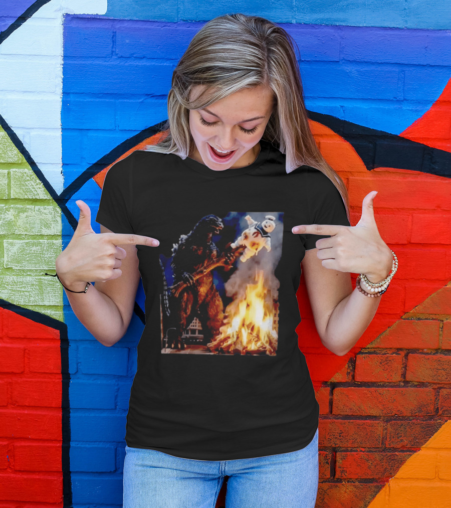 Kaiju Campfire Godzilla Holding Stay Puft Marshmallow Man T-Shirt