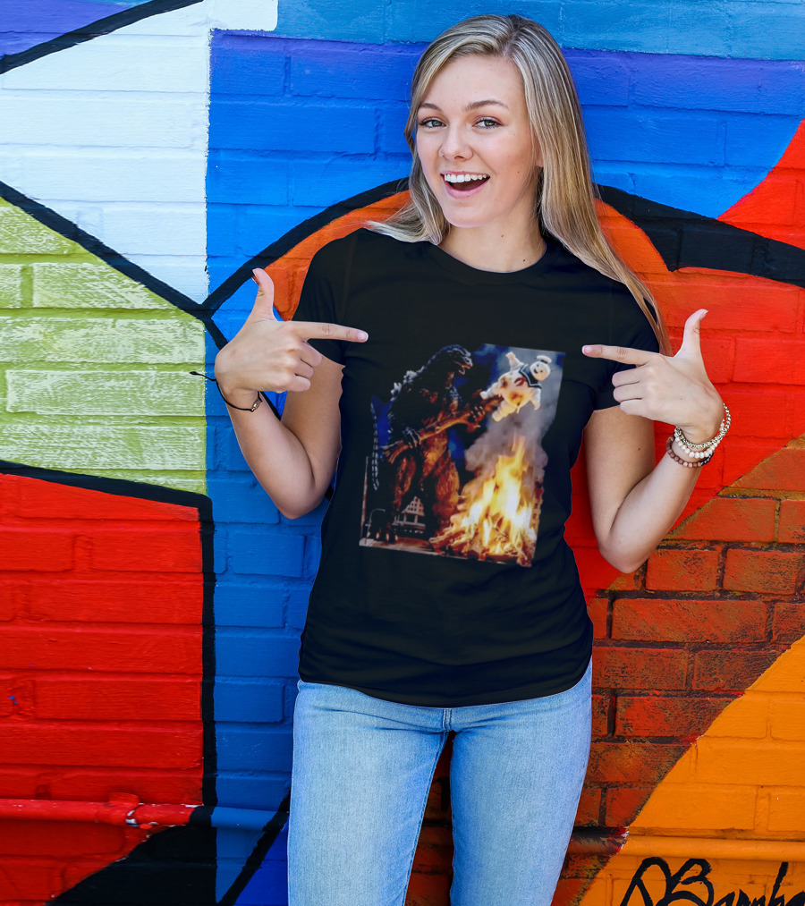 Kaiju Campfire Godzilla Holding Stay Puft Marshmallow Man T-Shirt