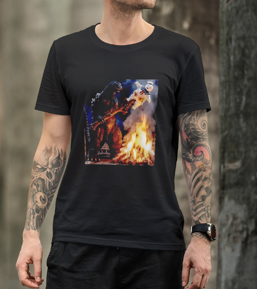 Kaiju Campfire Godzilla Holding Stay Puft Marshmallow Man T-Shirt