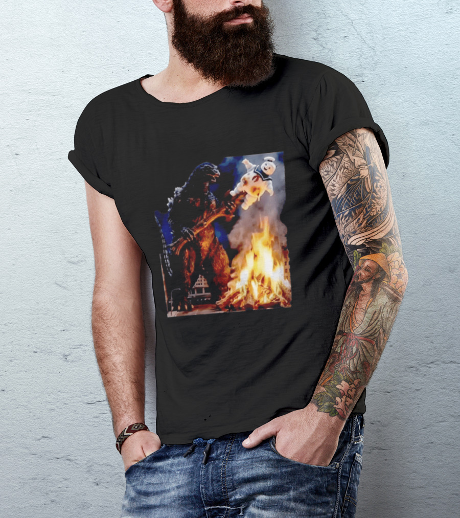 Kaiju Campfire Godzilla Holding Stay Puft Marshmallow Man T-Shirt