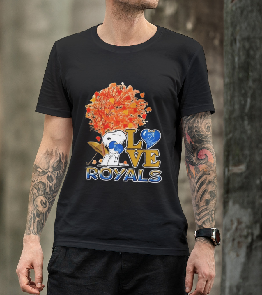 KC Royals Love Snoopy Hug Heart Peanuts Baseball Fall Tree T-Shirt