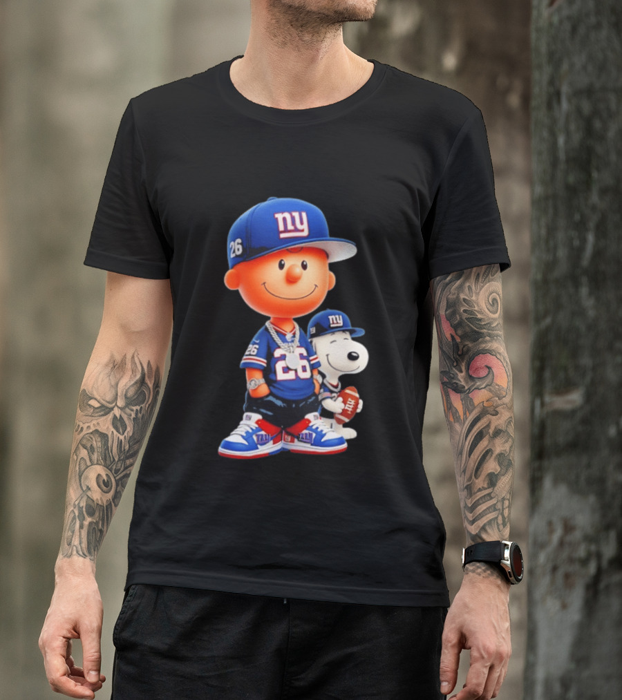Peanuts Characters In New York Giants Team Sportswear T-Shirt