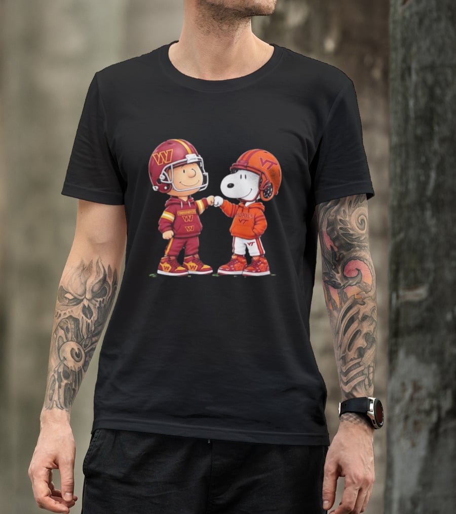 Peanuts Snoopy Charlie Brown Washington Commanders Virginia Tech Hokies Collaboration Fist Bump T-Shirt