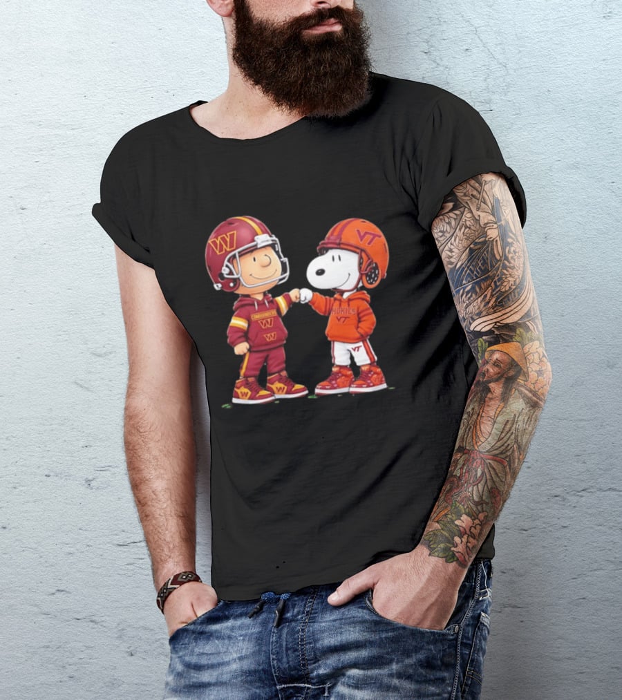 Peanuts Snoopy Charlie Brown Washington Commanders Virginia Tech Hokies Collaboration Fist Bump T-Shirt