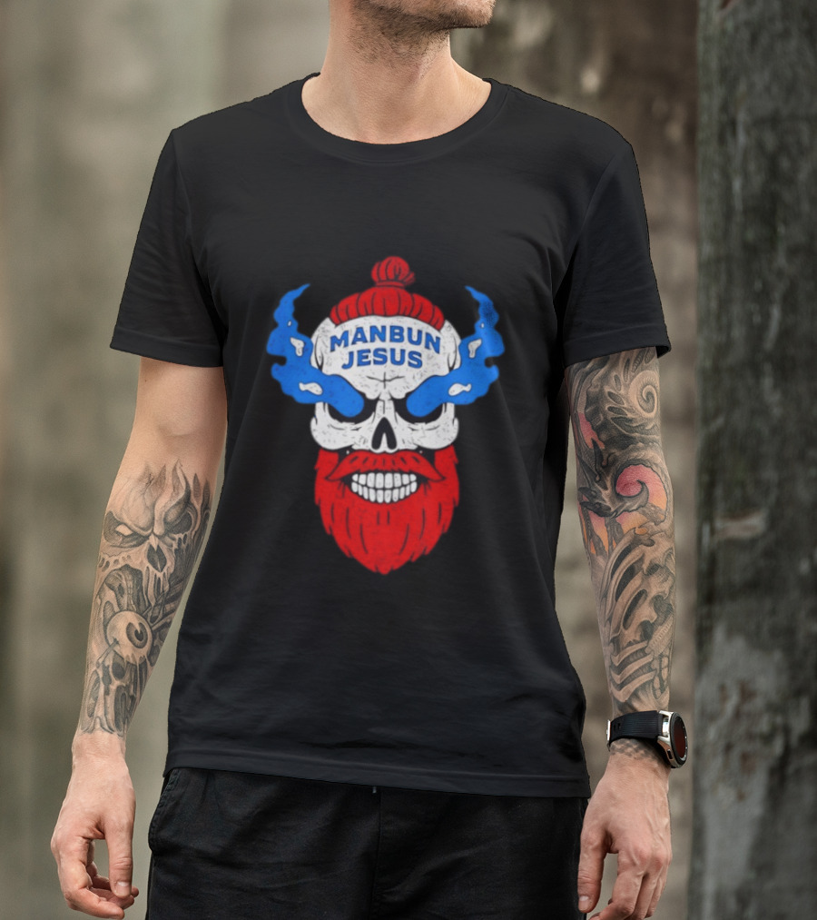 Manbun Jesus Skull Flame Beard Retro Stone Man Cold Bun T-Shirt