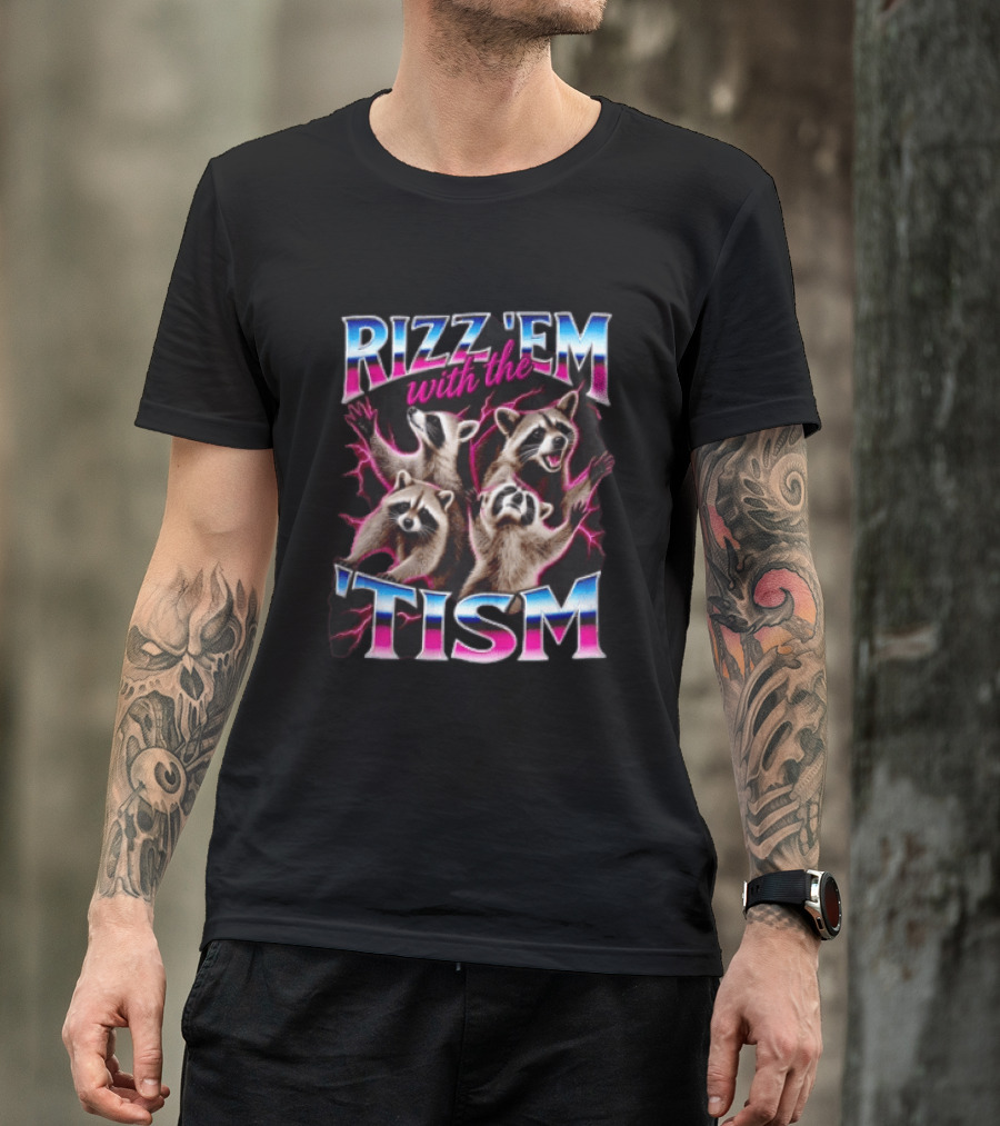 Rizz Them With The Tism Four Raccoons Reaching Pink Lightning T-Shirt