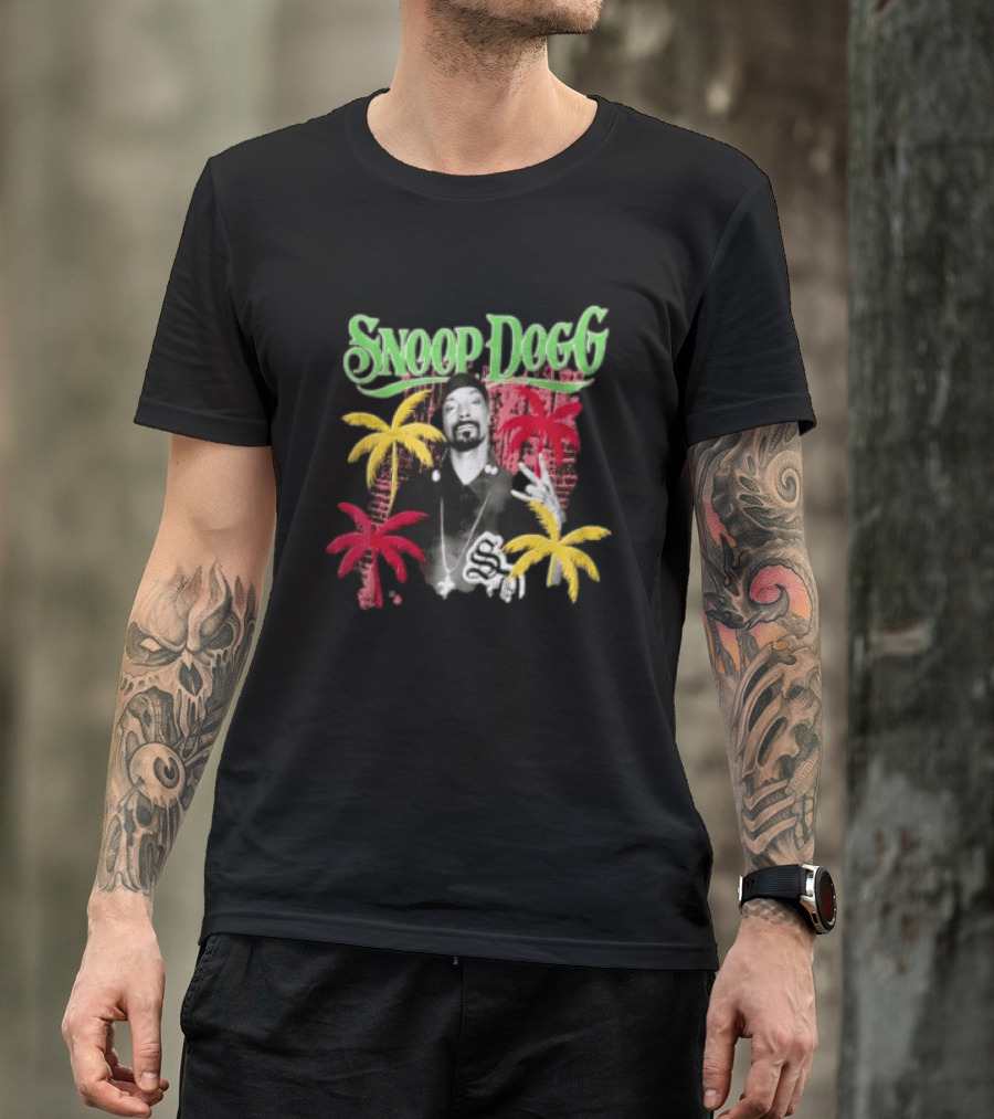 Snoop Dogg Palm Trees Gesture Black And White Portrait With Red And Yellow Palm Trees T-Shirt