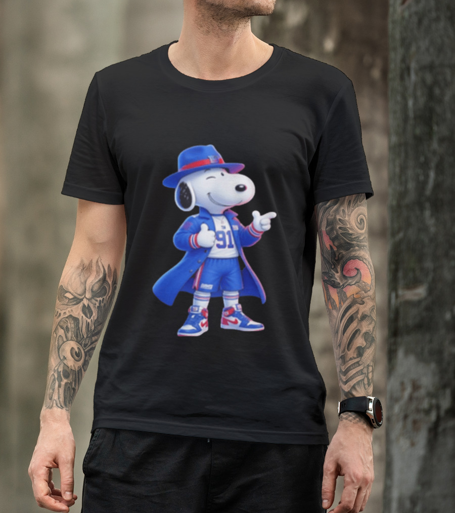 Snoopy New York Giants Football Player Cartoon Blue Coat And Hat T-Shirt