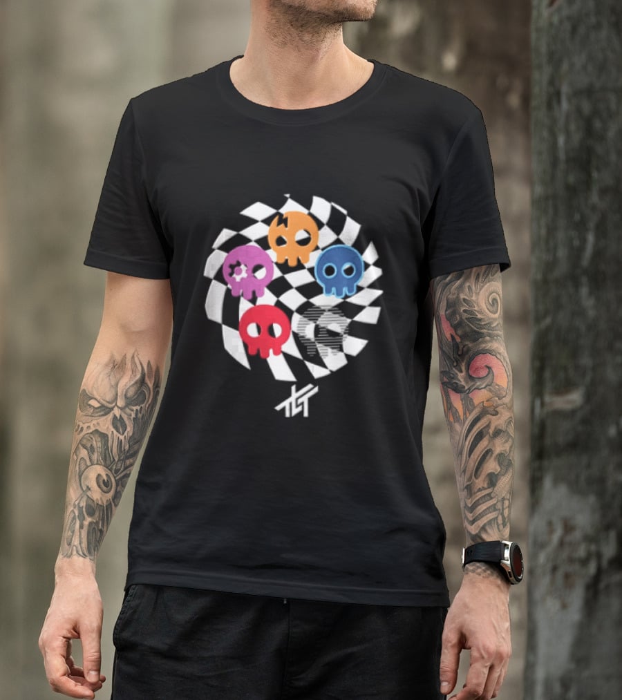 The Living Tombstone Five Colorful Skulls Checkered T-Shirt