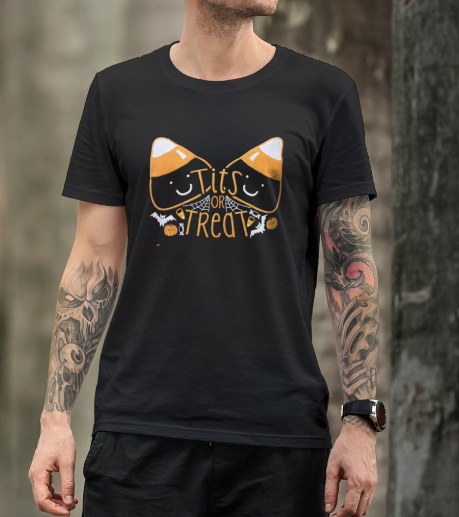 Halloween Candy Corn Faces Tits Or Treat With Spiders Webs Bats Pumpkins T-Shirt