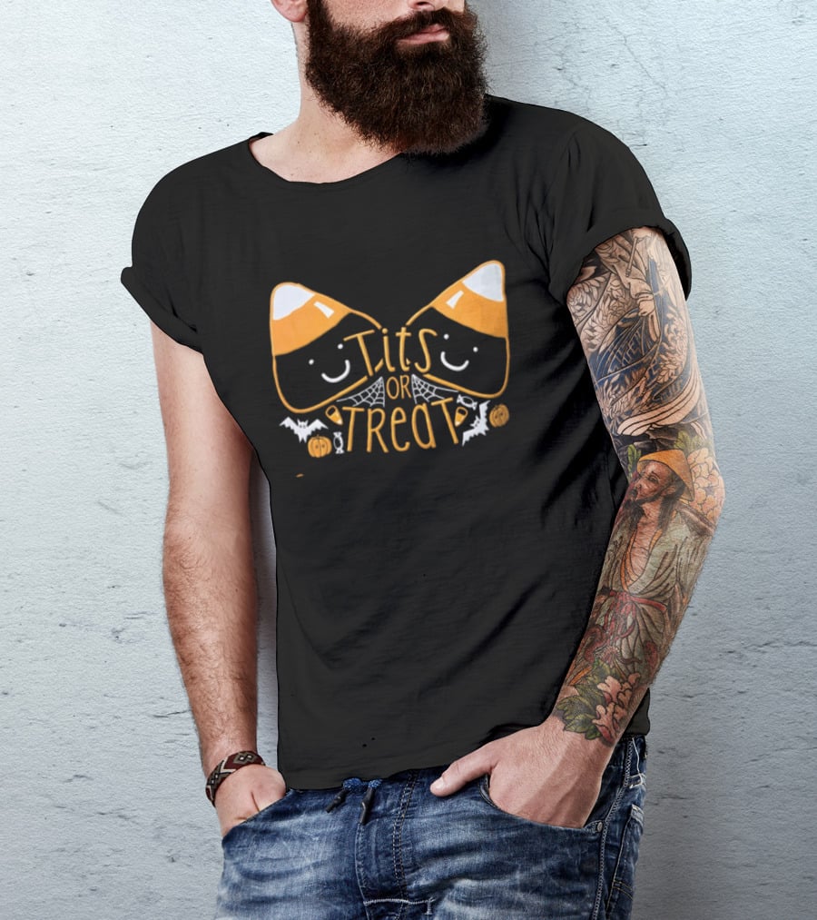 Halloween Candy Corn Faces Tits Or Treat With Spiders Webs Bats Pumpkins T-Shirt