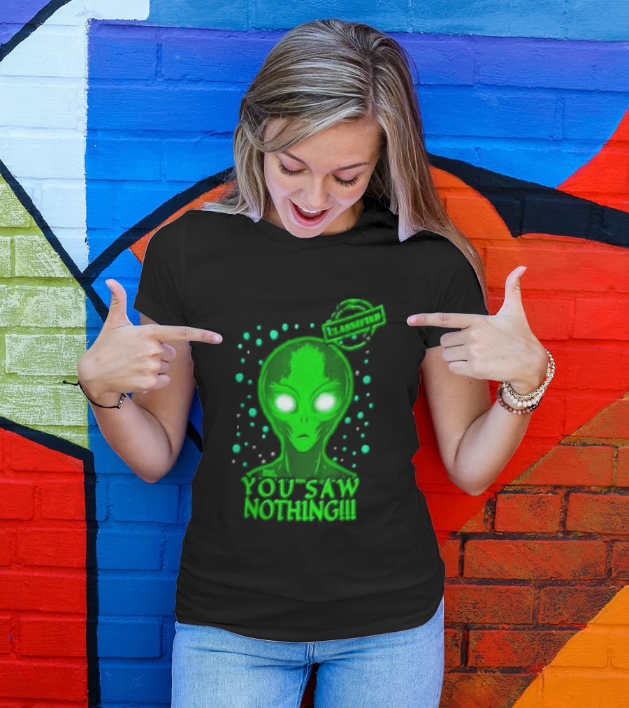 Green Alien You Saw Nothing Glowing Eyes UFO Dots T-Shirt