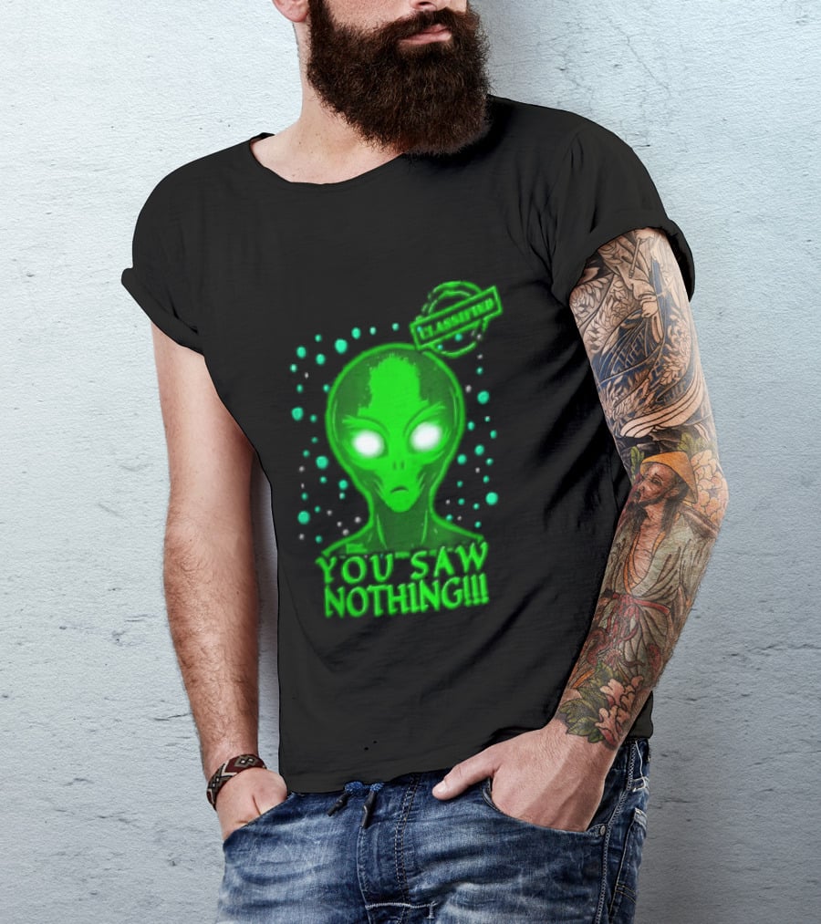 Green Alien You Saw Nothing Glowing Eyes UFO Dots T-Shirt