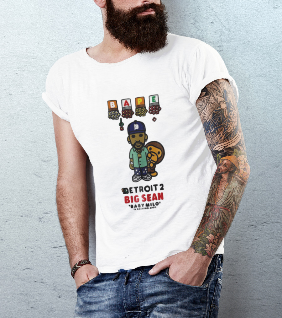 BAPE Big Sean Detroit 2 Baby Milo Cartoon Man Wearing Cap T-Shirt