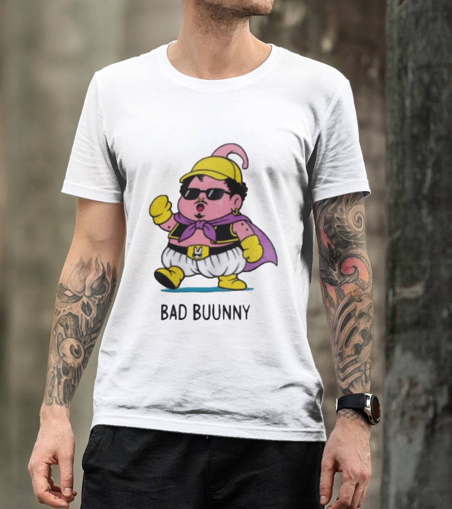 Bad Buunny Pink Majin Buu Sunglasses Yellow Hat Cape Cartoon T-Shirt