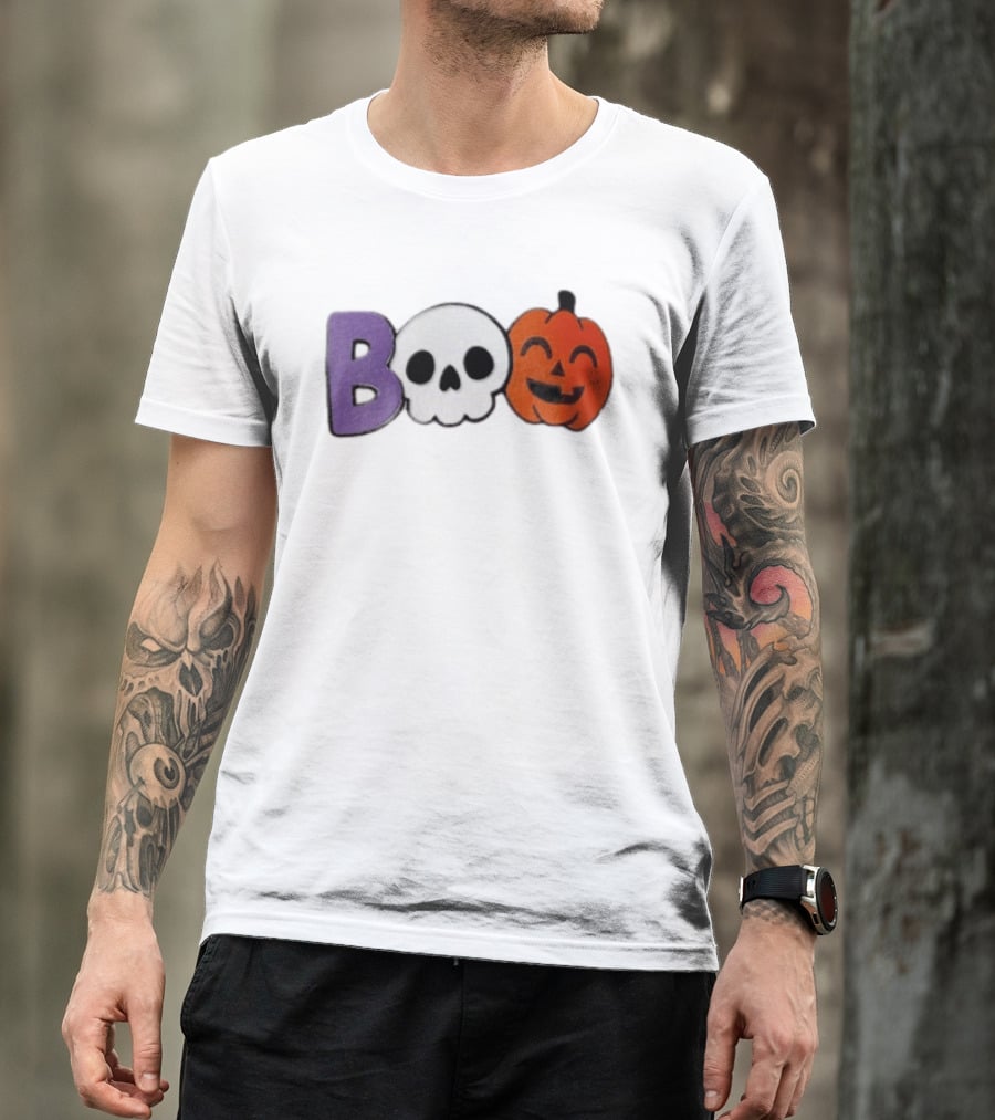 BOO Skull Pumpkin Purple Letter Halloween Fun T-Shirt