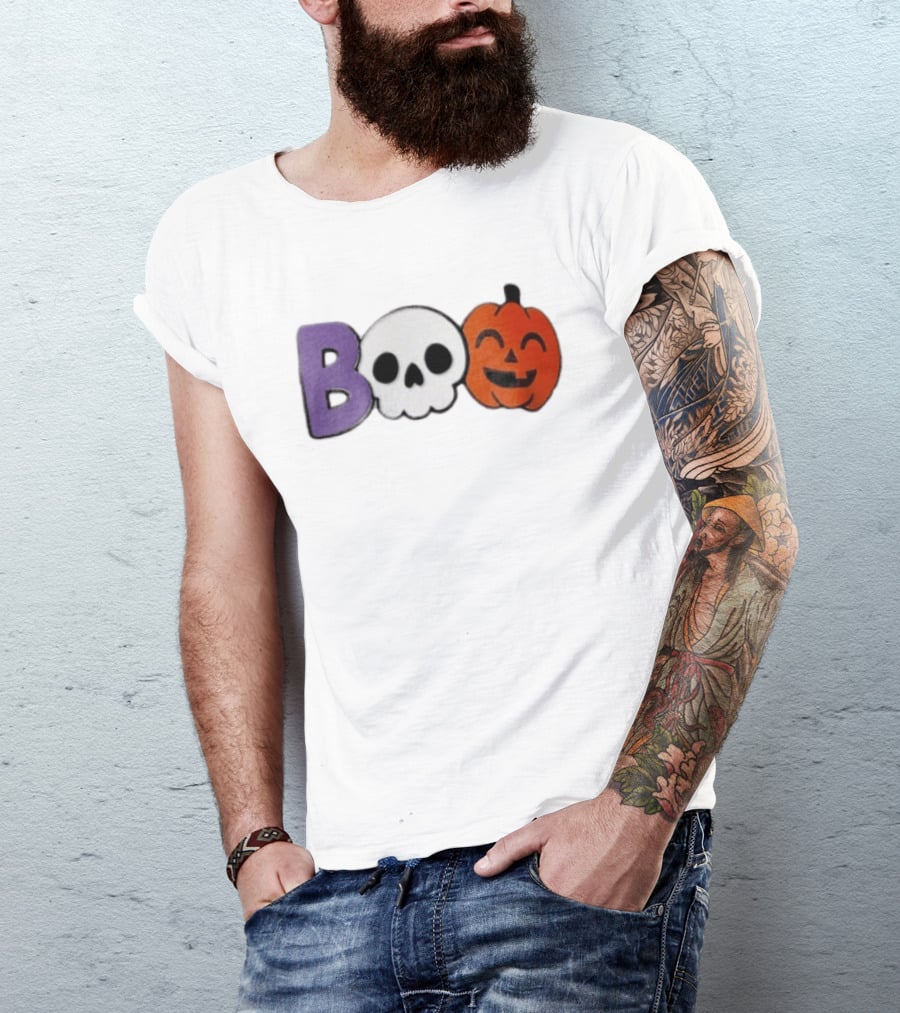 BOO Skull Pumpkin Purple Letter Halloween Fun T-Shirt
