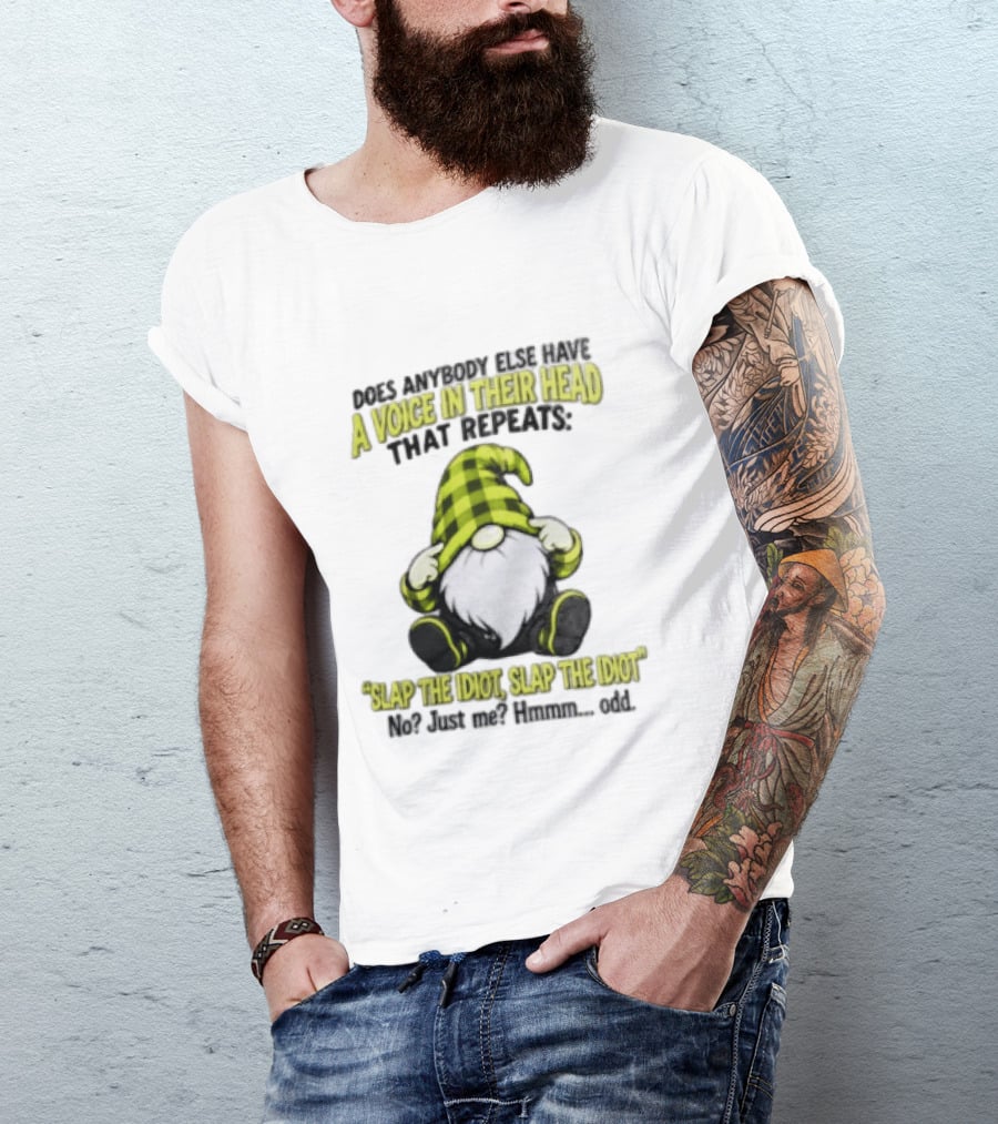 Does Anybody Else Have A Voice In Their Head That Repeats Slap The Idiot Slap No Just Me Hmmm Odd Gnome In Green Hat T-Shirt