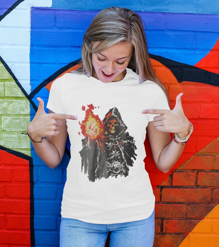 Skeleton Holding Fire Skeletor Hooded Cloak And Fiery Fist T-Shirt