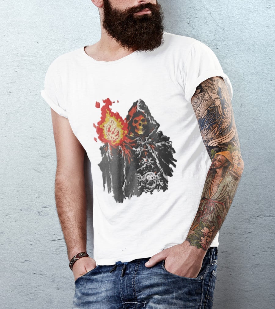 Skeleton Holding Fire Skeletor Hooded Cloak And Fiery Fist T-Shirt