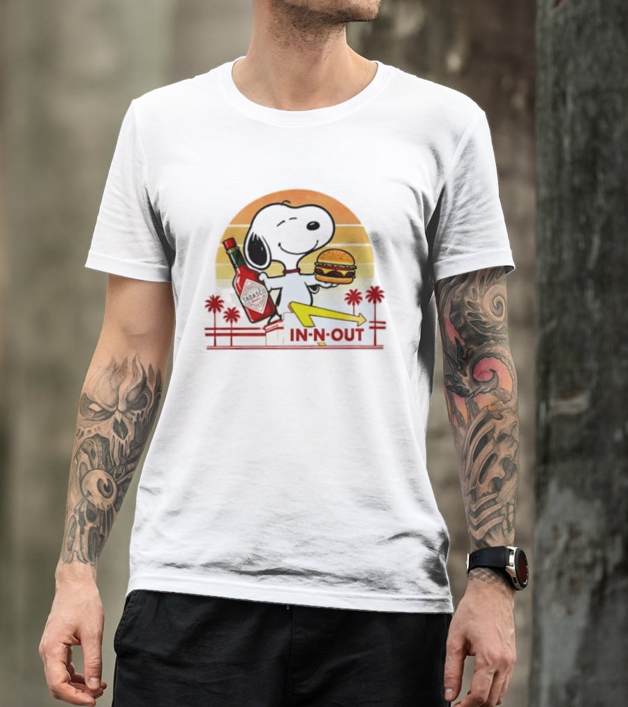 Snoopy Holding Tabasco Bottle And In N Out Burger Delightful Combination T-Shirt