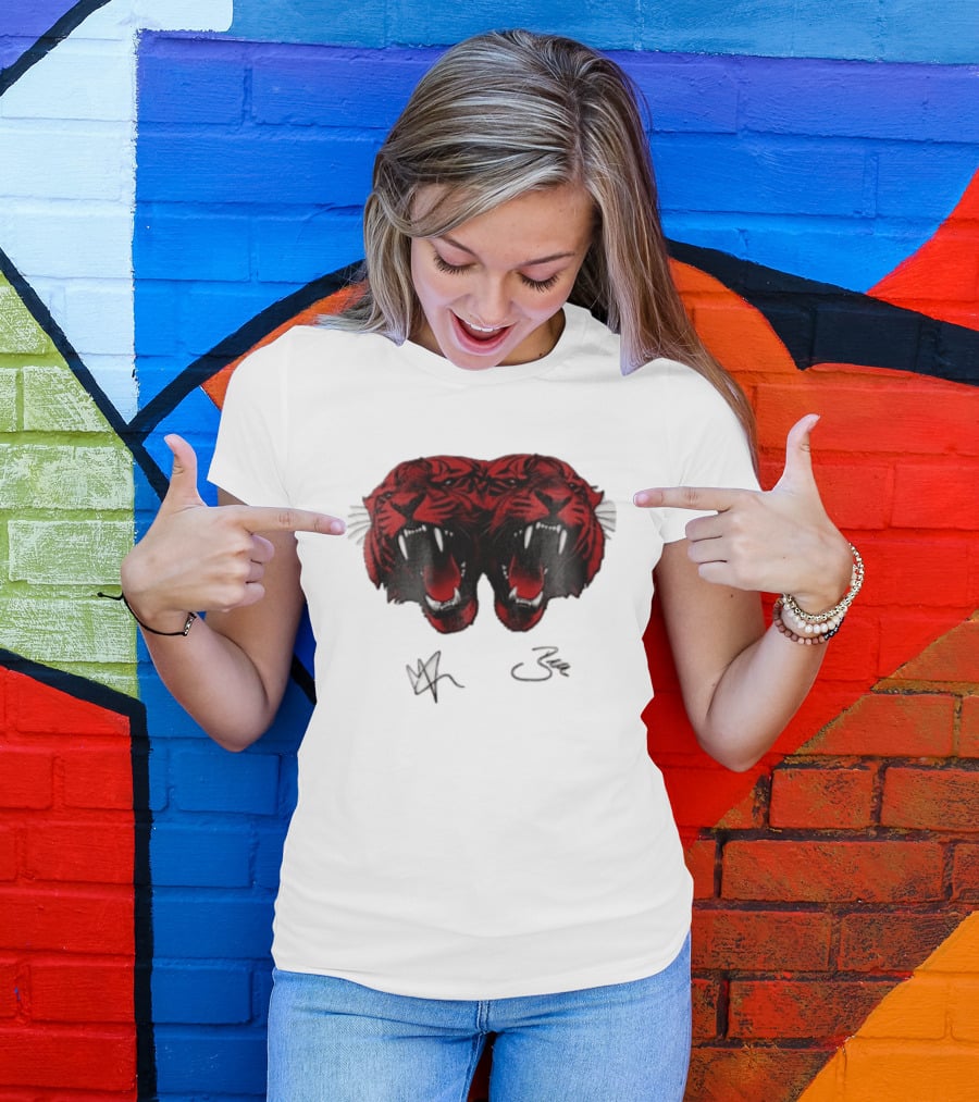 Tigers Heads Roaring Red Dual Fierce Animal T-Shirt