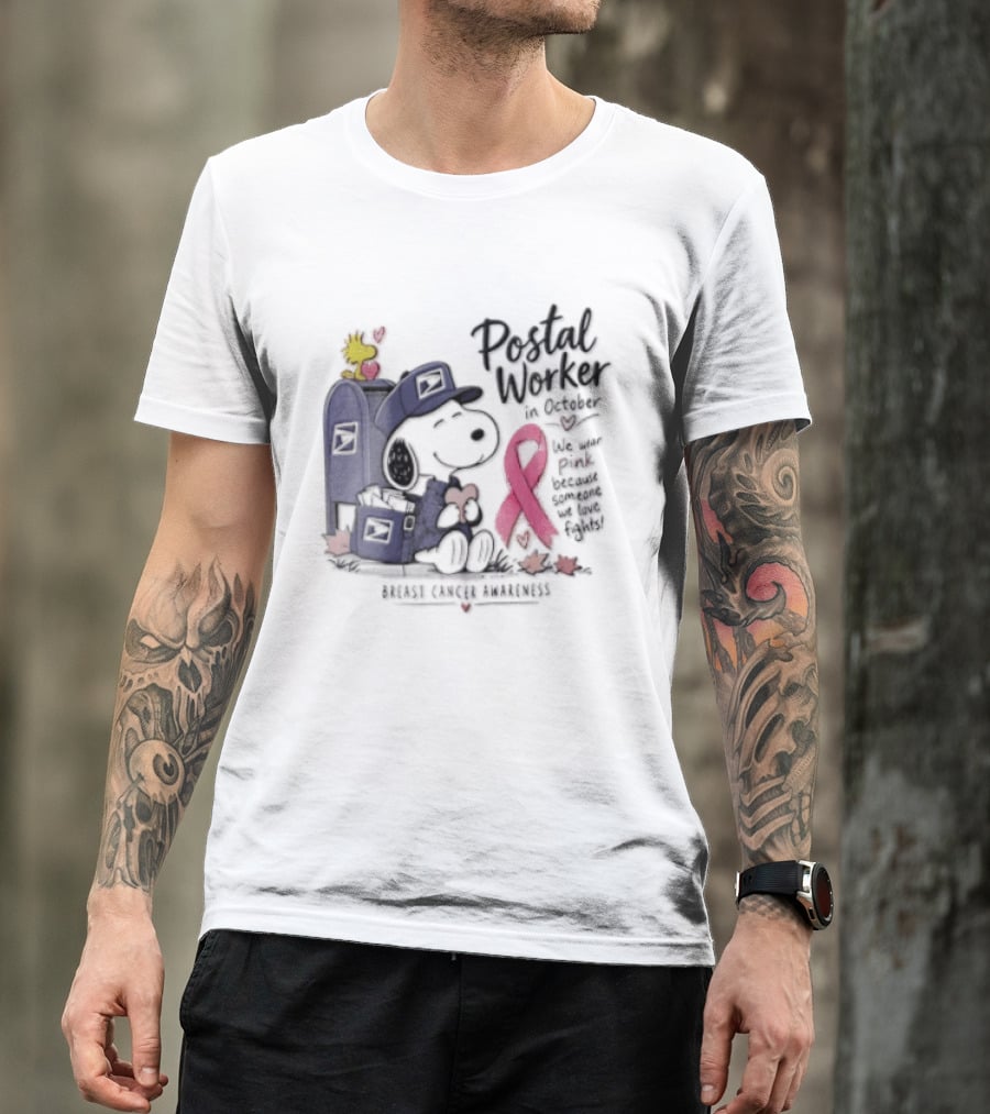 Postal Worker Snoopy And Woodstock With Pink Ribbon Supporting Fighters T-Shirt
