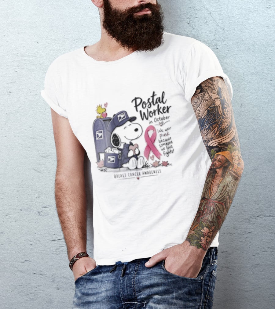 Postal Worker Snoopy And Woodstock With Pink Ribbon Supporting Fighters T-Shirt