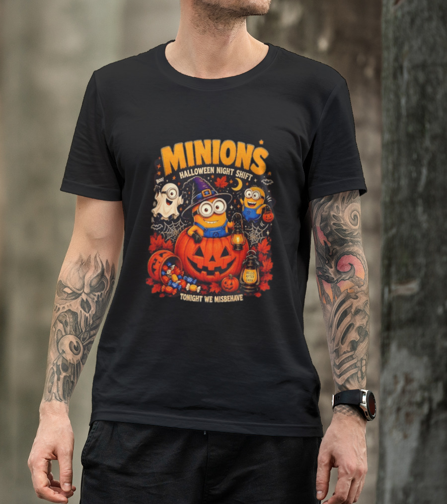 Minions Halloween Night Shift Bello After Dark Tonight We Misbehave Ghosts Pumpkins T-Shirt