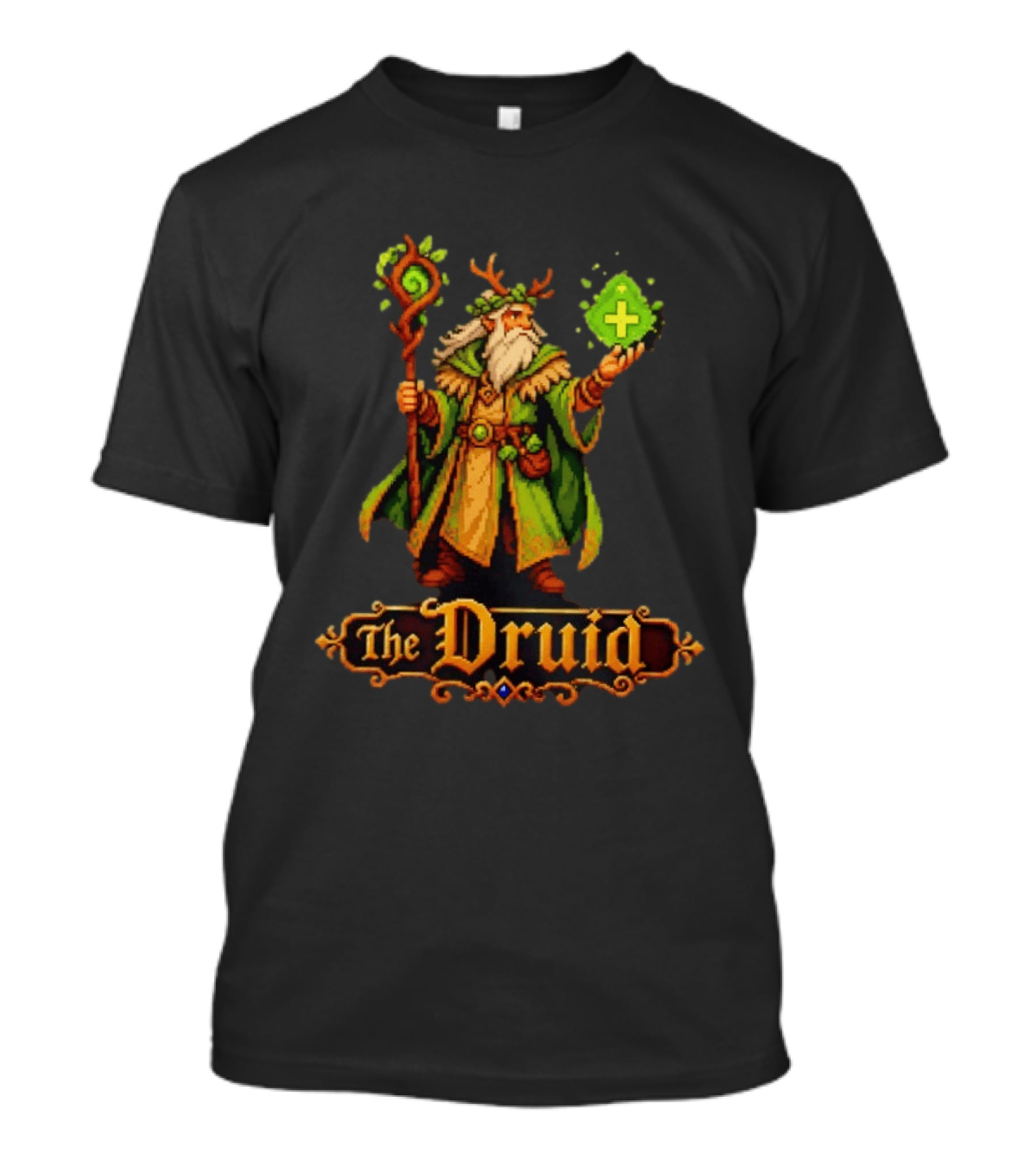 The Druid 16 Bit Game Cartoon Pixel Art Mage With Staff And Potion T-Shirt