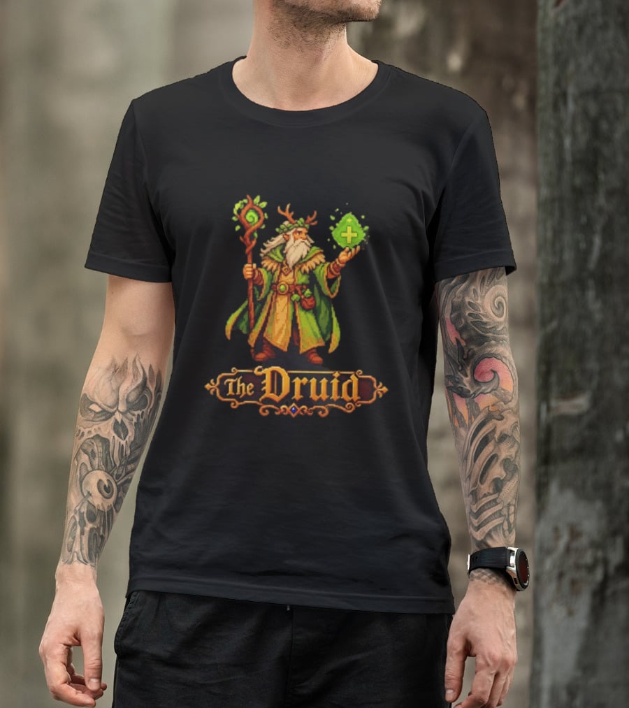 The Druid 16 Bit Game Cartoon Pixel Art Mage With Staff And Potion T-Shirt
