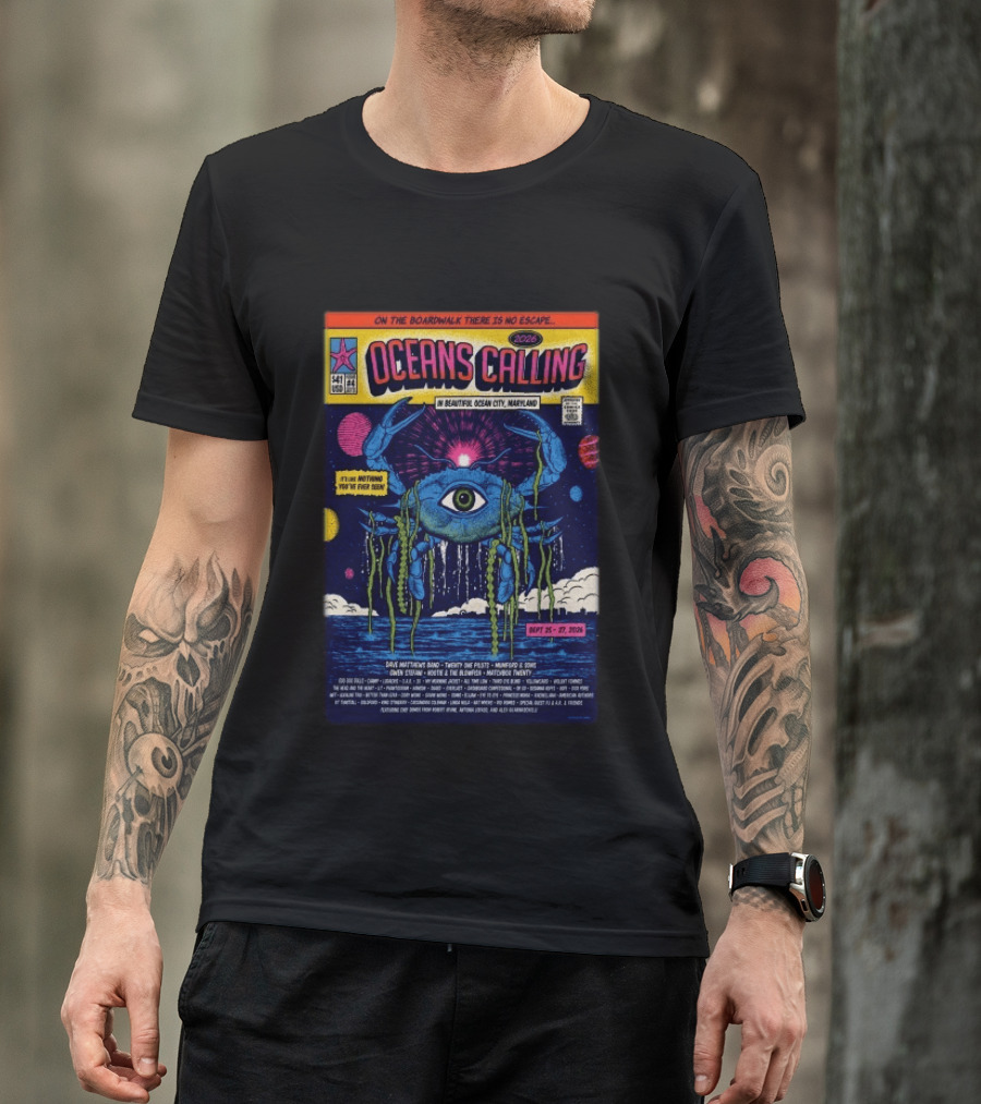 Oceans Calling Festival 2026 Ocean City Maryland Lineup Dave Matthews Band The Lumineers Alanis Morissette 9 25 27 Crab Eye Comic T-Shirt
