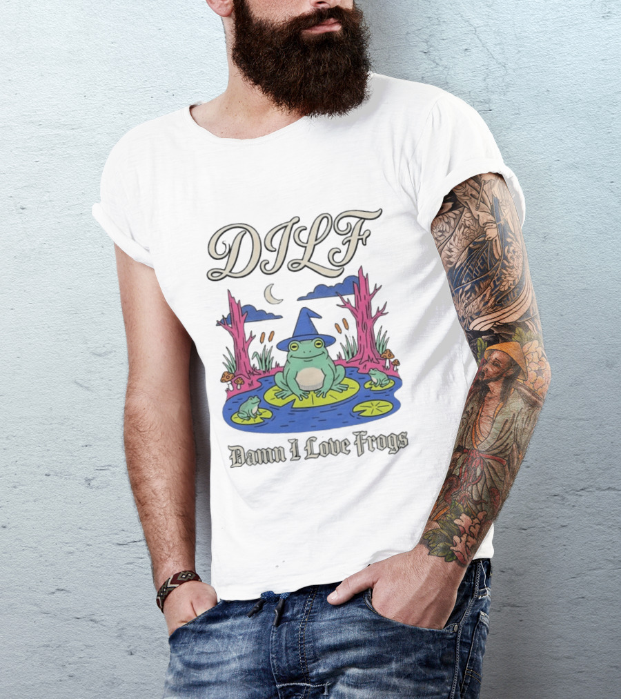 DILF Damn I Love Frogs Cartoon Frog In Pond With Wizard Hat T-Shirt