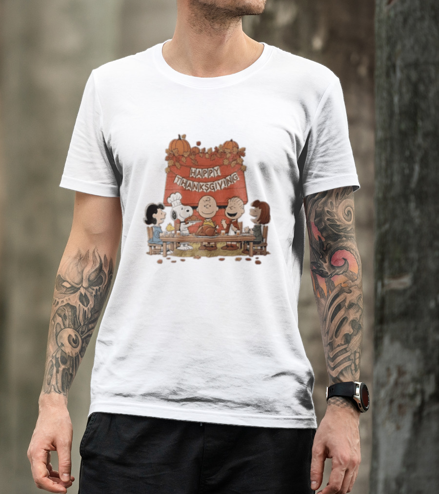 Peanuts Charlie Brown Snoopy Woodstock Lucy Linus Happy Thanksgiving Holiday Celebration T-Shirt