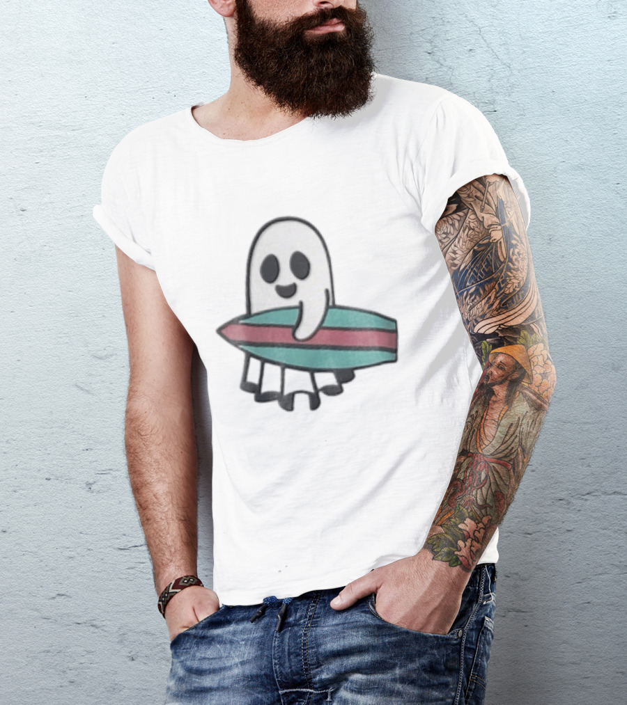 Ghost Holding Surfboard Cartoon Fun Cute Spooky Beach Vibes T-Shirt