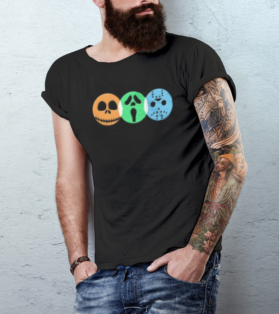 Halloween Horror Characters Colorful Circles Skulls And Masks T-Shirt
