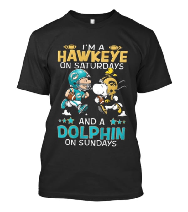 Hawkeye On Saturdays Dolphin On Sundays Charlie Brown Snoopy Woodstock Football T-Shirt